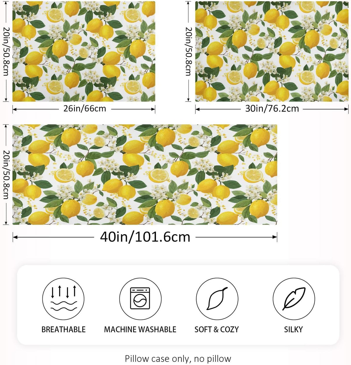 Satin Pillowcase 1 Pack Pillow Case with Envelope Closure King Size Pillow Cover 40 x 20 Inch Soft Breathable Yellow Lemon Flowers