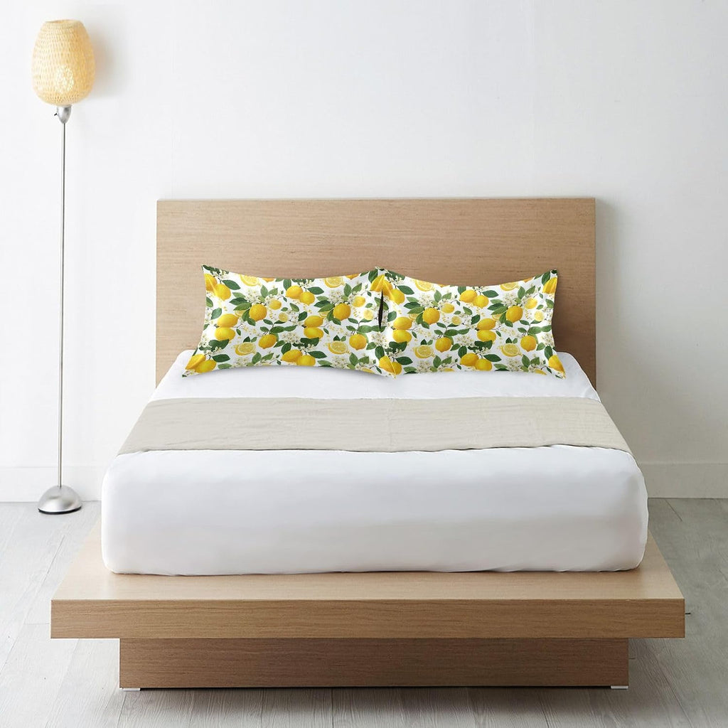 Satin Pillowcase 1 Pack Pillow Case with Envelope Closure King Size Pillow Cover 40 x 20 Inch Soft Breathable Yellow Lemon Flowers