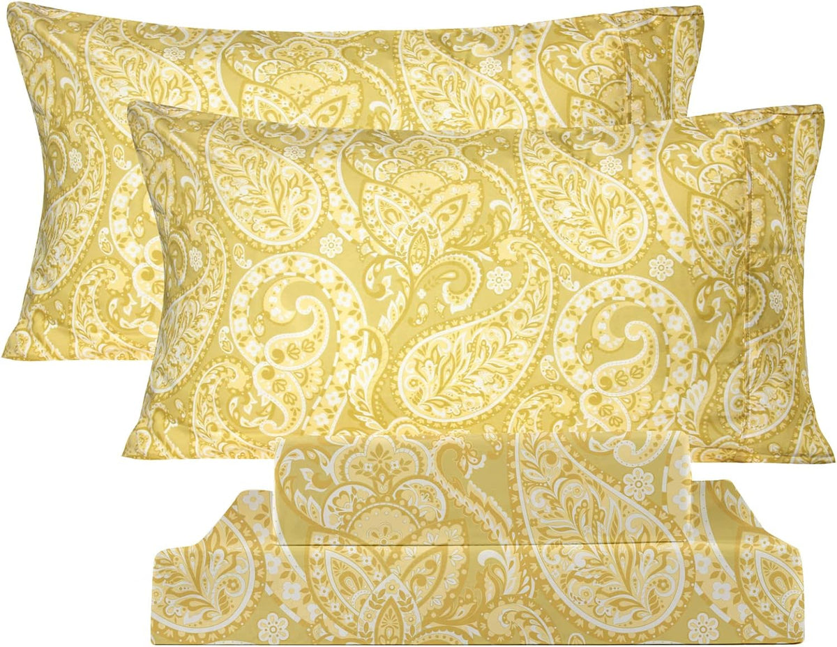 Queen Sheet Set, 4 Piece Yellow Paisley Sheets, 17" Deep Pocket Floral Pattern Sheets Queen, Soft Luxury Brushed Microfiber Bed Sheets, Easy Care Breathable Bedding Set