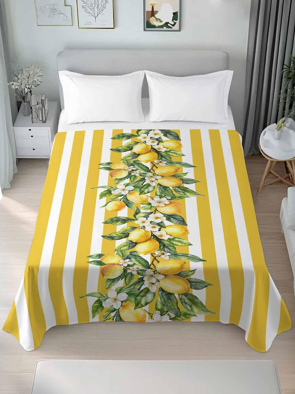 Twin Flat Sheet Only,Watercolor Summer Farm Lemon Leaves Top Sheet Breathable Soft Brushed Polyester Microfiber Bed Sheets,Yellow Stripe Hotel Luxury Bedding Sheets for Women,Men,Teens