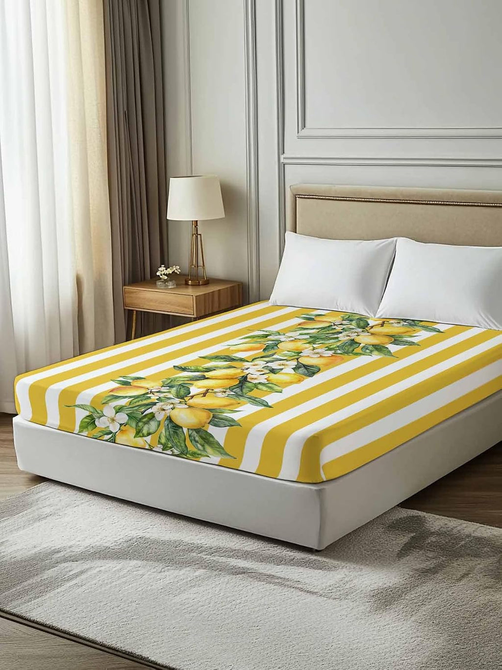 Twin Flat Sheet Only,Watercolor Summer Farm Lemon Leaves Top Sheet Breathable Soft Brushed Polyester Microfiber Bed Sheets,Yellow Stripe Hotel Luxury Bedding Sheets for Women,Men,Teens