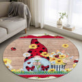 Ladybug Gnome Round Rug 3.3 Ft, Country Summer Rustic White Yellow Daisy Floral Wood Grain Samll Area Rugs Washable Non Slip Indoor Floor Mats Circle Carpet for Living Room Bedroom Dining Room Home