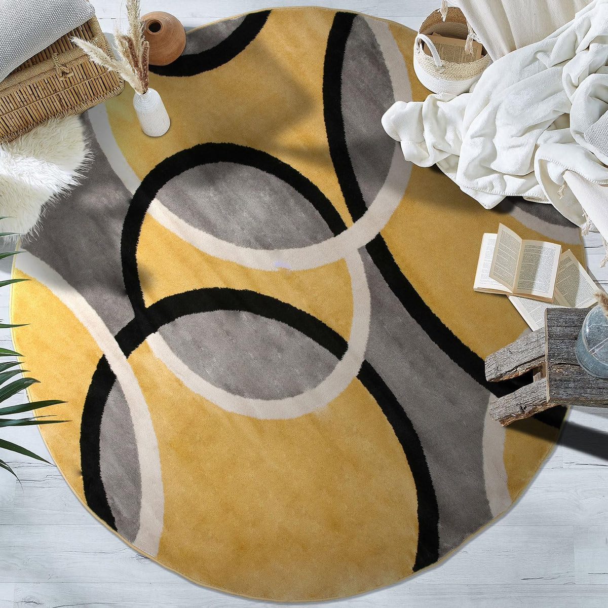 Abstract Circles Contemporary Jute Backing Round Rug Yellow 6'6"