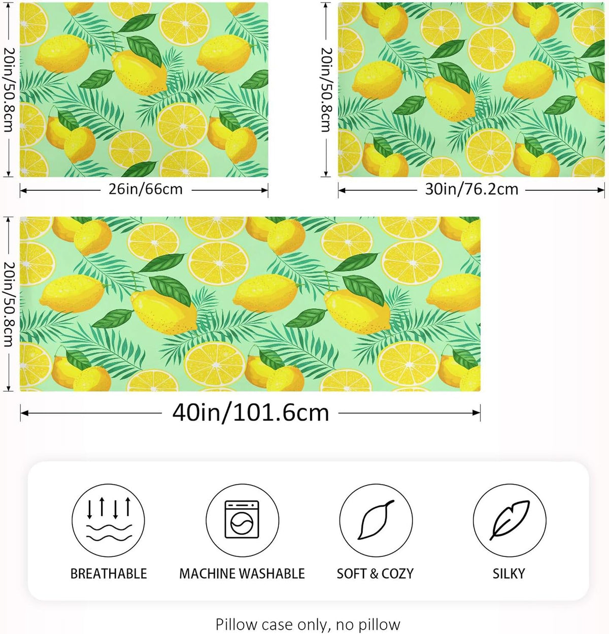 Yellow Lemon and Green Leaves Satin Pillow Cases, Soft Cozy Wrinkle Free Pillow Covers, Machine Washable Pillowcase Covers with Envelope Closure Standard Size 20” x 26”