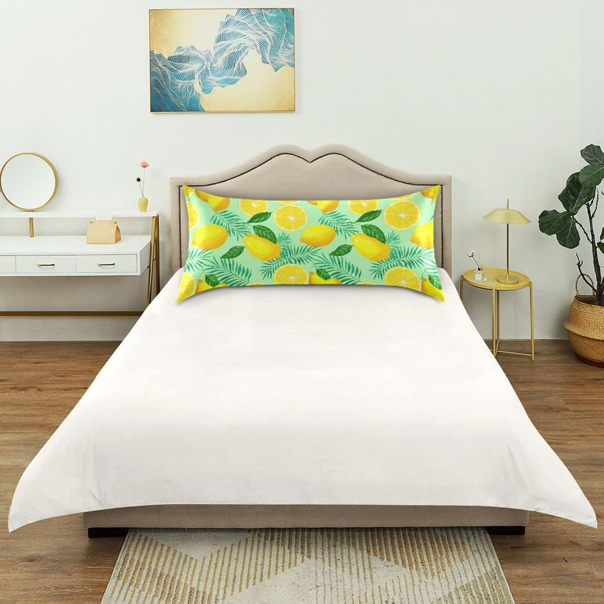 Yellow Lemon and Green Leaves Satin Pillow Cases, Soft Cozy Wrinkle Free Pillow Covers, Machine Washable Pillowcase Covers with Envelope Closure Standard Size 20” x 26”