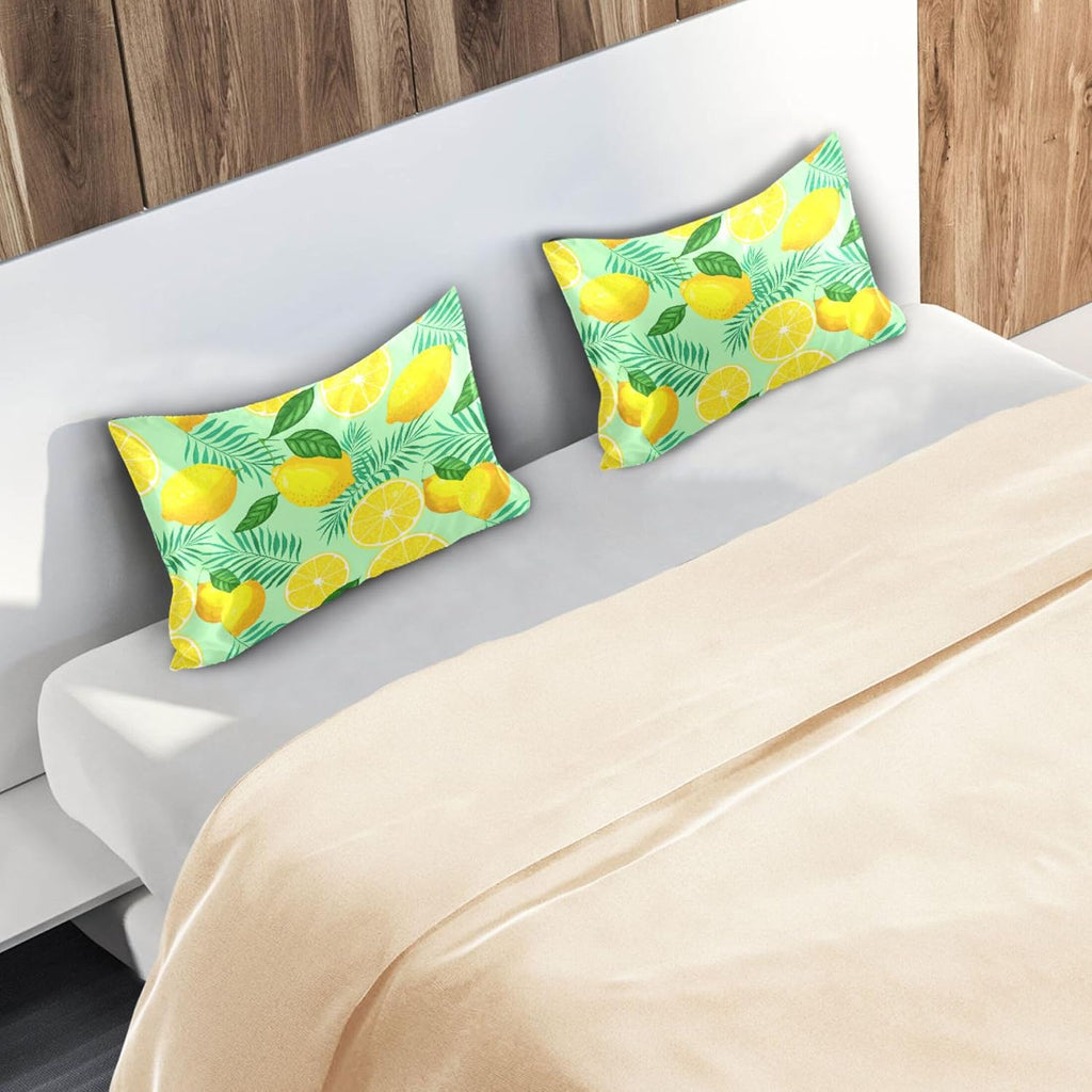 Yellow Lemon and Green Leaves Satin Pillow Cases, Soft Cozy Wrinkle Free Pillow Covers, Machine Washable Pillowcase Covers with Envelope Closure Standard Size 20” x 26”