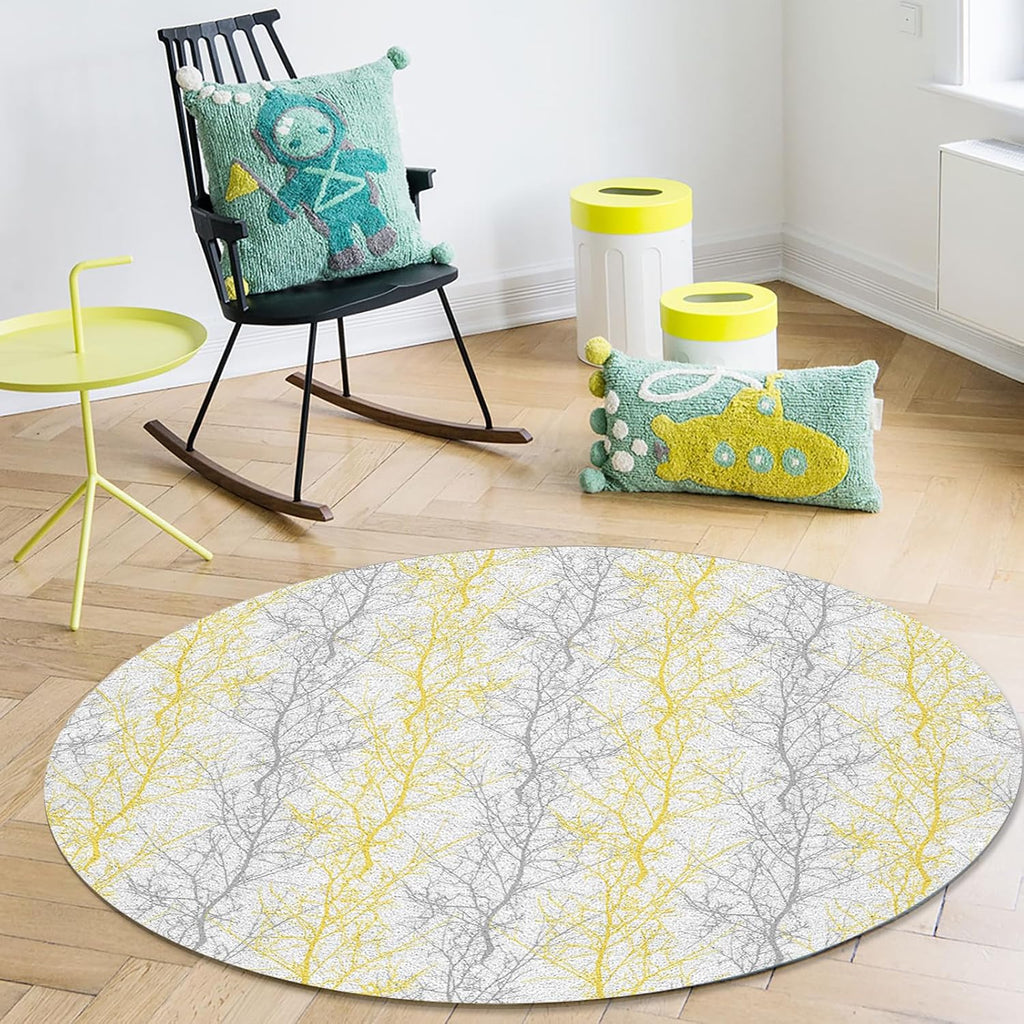 Forest Branch Round Area Rug 4ft,Washable Outdoor Indoor Carpet Runner Rug for Bedroom,Kitchen,Bathroom,Living/Dining/Laundry Room,Office,Area+Rug Large Bath Door Mat Winter Tree Geometric Yellow Grey