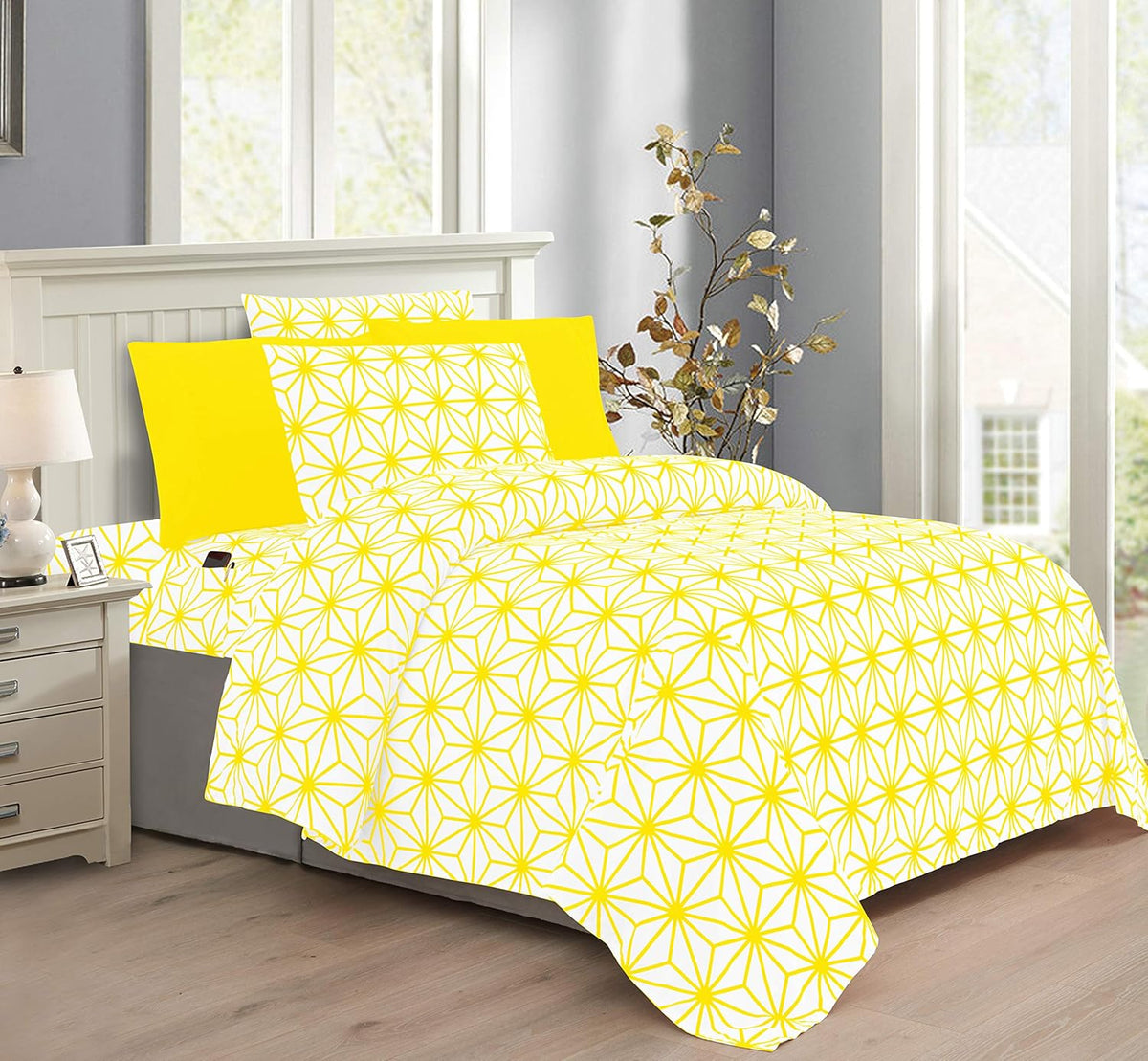 Luxury Soft Bed Sheets Cube Pattern - 1500 Premium Hotel Quality Microfiber Softness Wrinkle and Fade Resistant (6-Piece) Bedding Set, Queen, Yellow