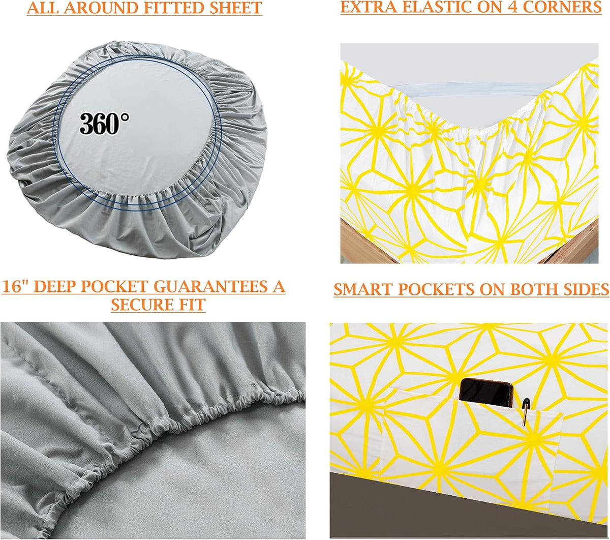 Luxury Soft Bed Sheets Cube Pattern - 1500 Premium Hotel Quality Microfiber Softness Wrinkle and Fade Resistant (6-Piece) Bedding Set, Queen, Yellow