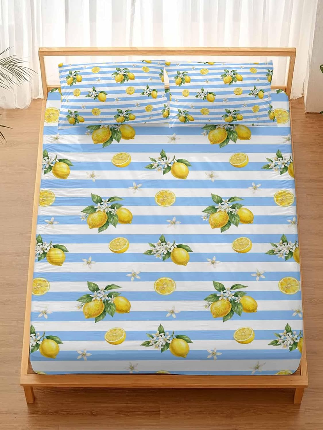 3 Pieces Twin Fitted Sheet Set, Summer Lemon Flower Leaf Deep Pocket Up to 16", Yellow Fruit Blue White Stripe Soft Elastic Bed Sheets and Pillow Cases Secure Fit