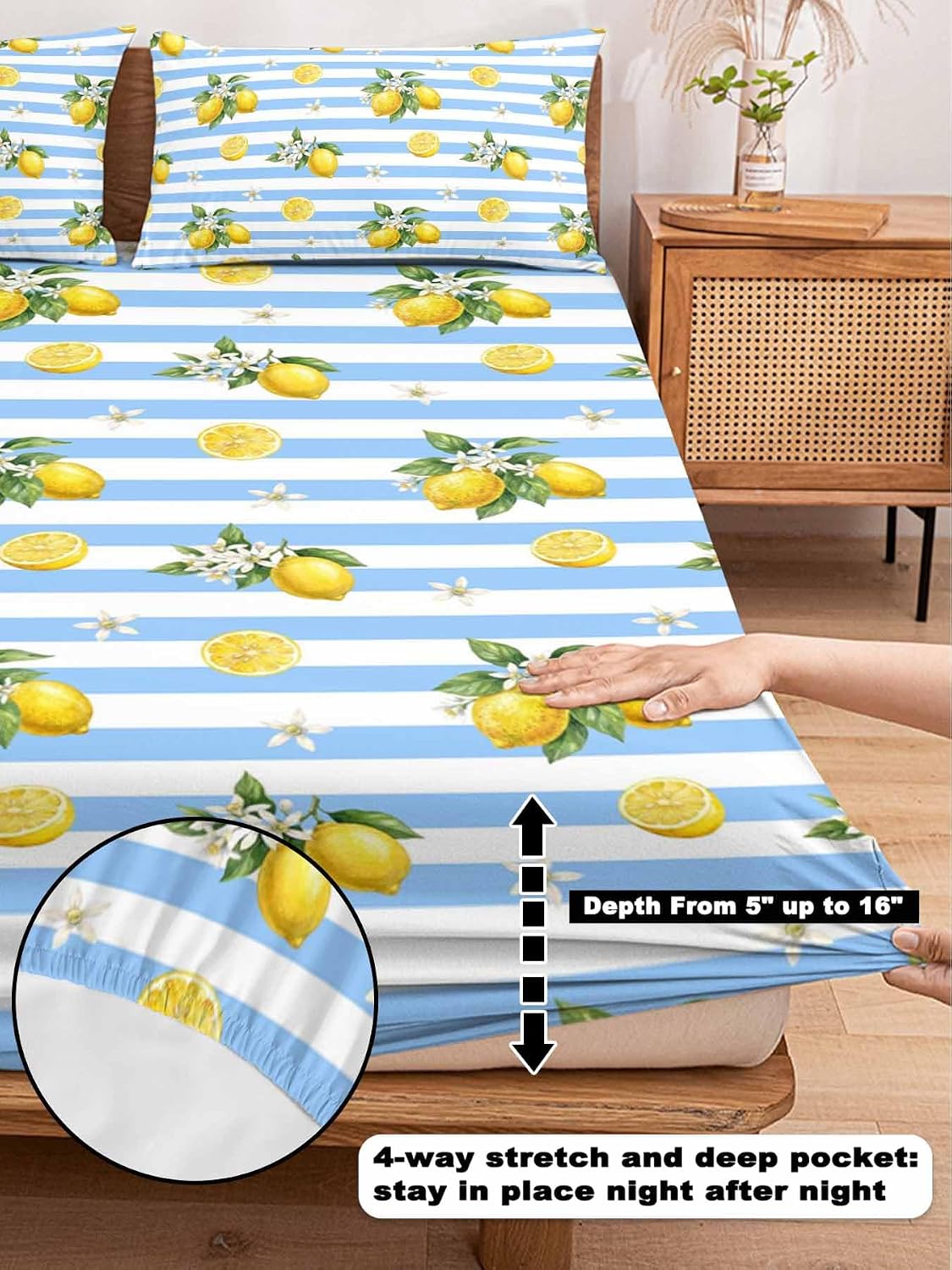 3 Pieces Twin Fitted Sheet Set, Summer Lemon Flower Leaf Deep Pocket Up to 16", Yellow Fruit Blue White Stripe Soft Elastic Bed Sheets and Pillow Cases Secure Fit