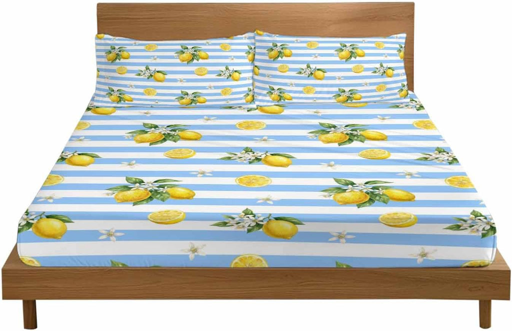 3 Pieces Twin Fitted Sheet Set, Summer Lemon Flower Leaf Deep Pocket Up to 16", Yellow Fruit Blue White Stripe Soft Elastic Bed Sheets and Pillow Cases Secure Fit