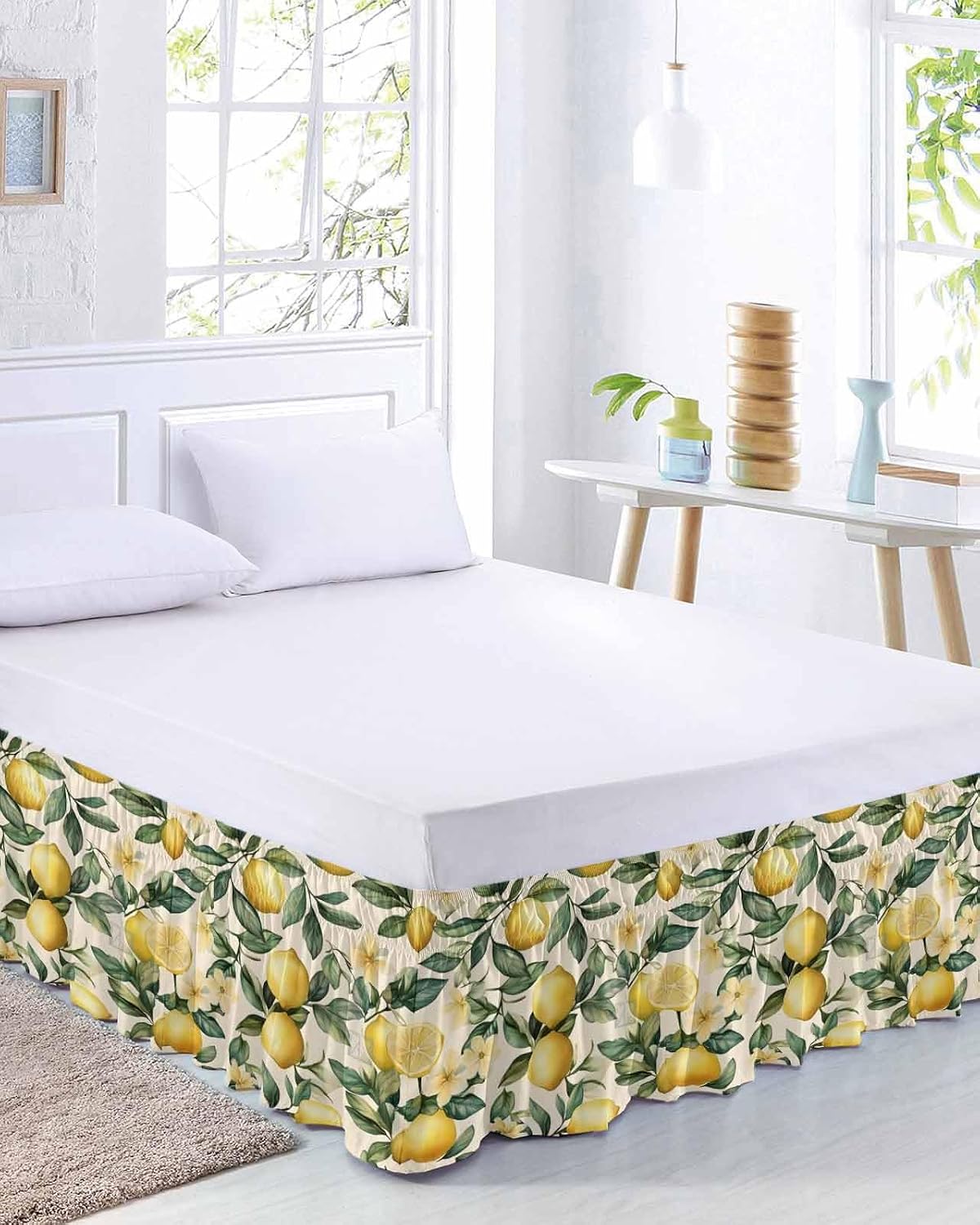 Yellow Lemon Bed Skirt Queen Size 16 Inch Drop, Adjustable Elastic Wrap Around Bed Skirts Easy Fitting Dust Ruffle Bedskirt Bed Frame Cover Floral Fruit Spring Summer Watercolor Green