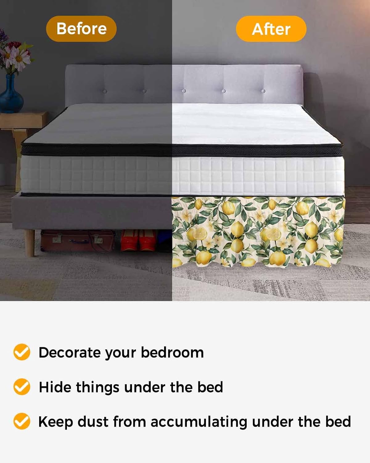 Yellow Lemon Bed Skirt Queen Size 16 Inch Drop, Adjustable Elastic Wrap Around Bed Skirts Easy Fitting Dust Ruffle Bedskirt Bed Frame Cover Floral Fruit Spring Summer Watercolor Green