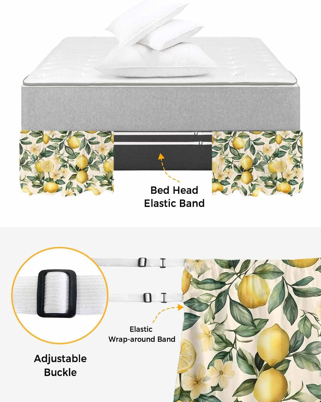 Yellow Lemon Bed Skirt Queen Size 16 Inch Drop, Adjustable Elastic Wrap Around Bed Skirts Easy Fitting Dust Ruffle Bedskirt Bed Frame Cover Floral Fruit Spring Summer Watercolor Green