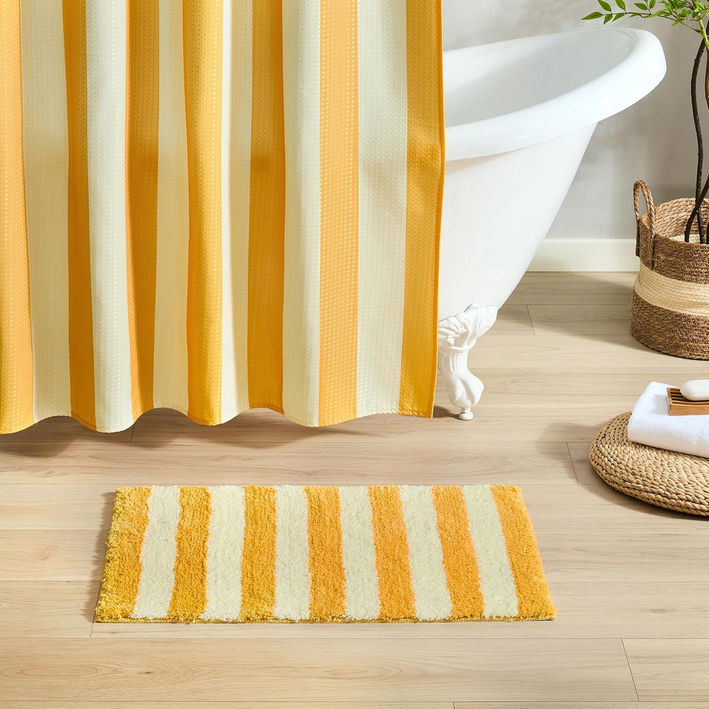 Bath Mat with Striped Design, Microfiber Absorbent Non Slip Tufted Rug for Floor, Shower or Kitchen (20x32 inch, Yellow)