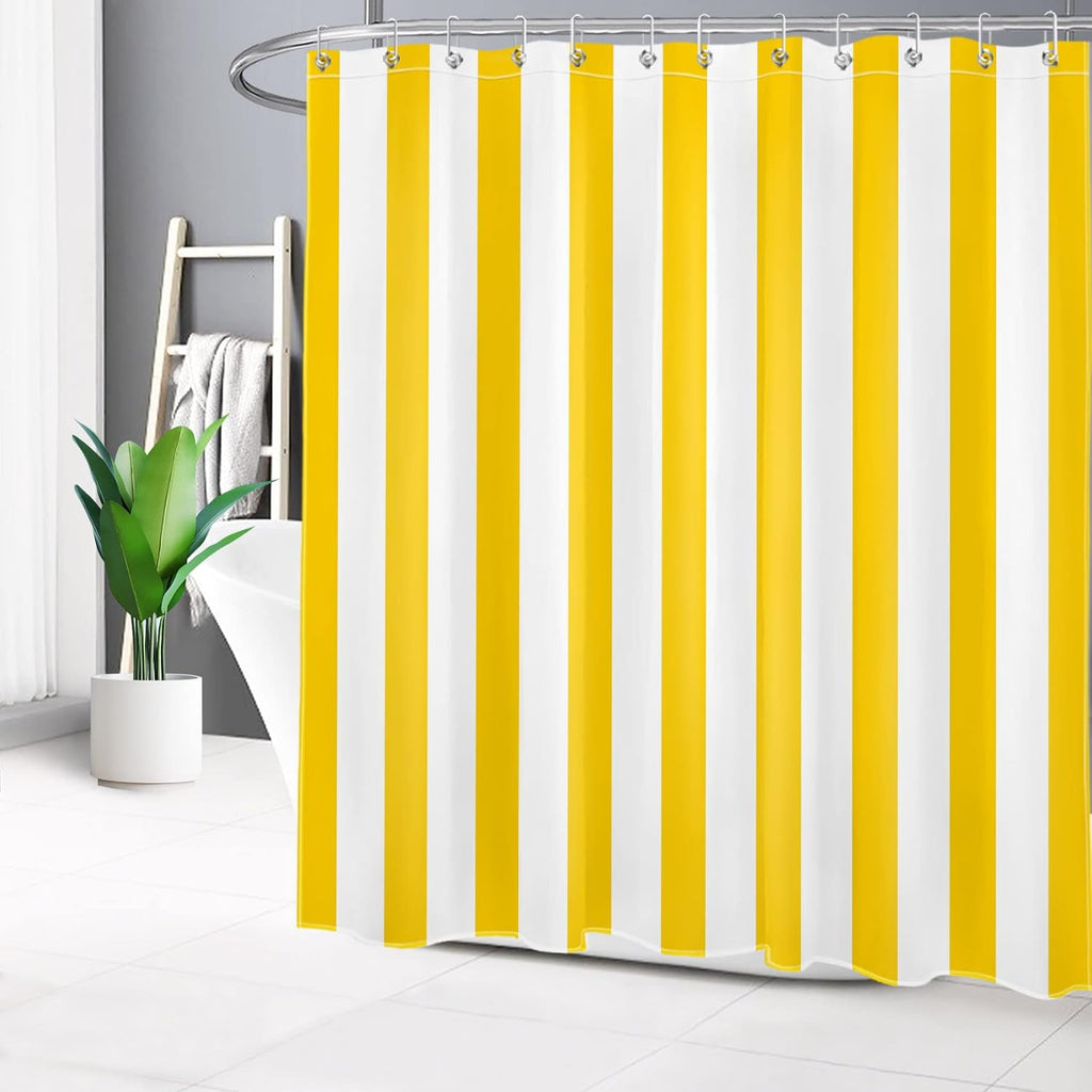 White and Yellow Striped Shower Curtain Sets with Rugs Geometric Patterns Vertical Stripe Fabric Shower Curtain with Hooks Modern Farmhouse Bathroom Curtains Shower Set, 70x70 inches