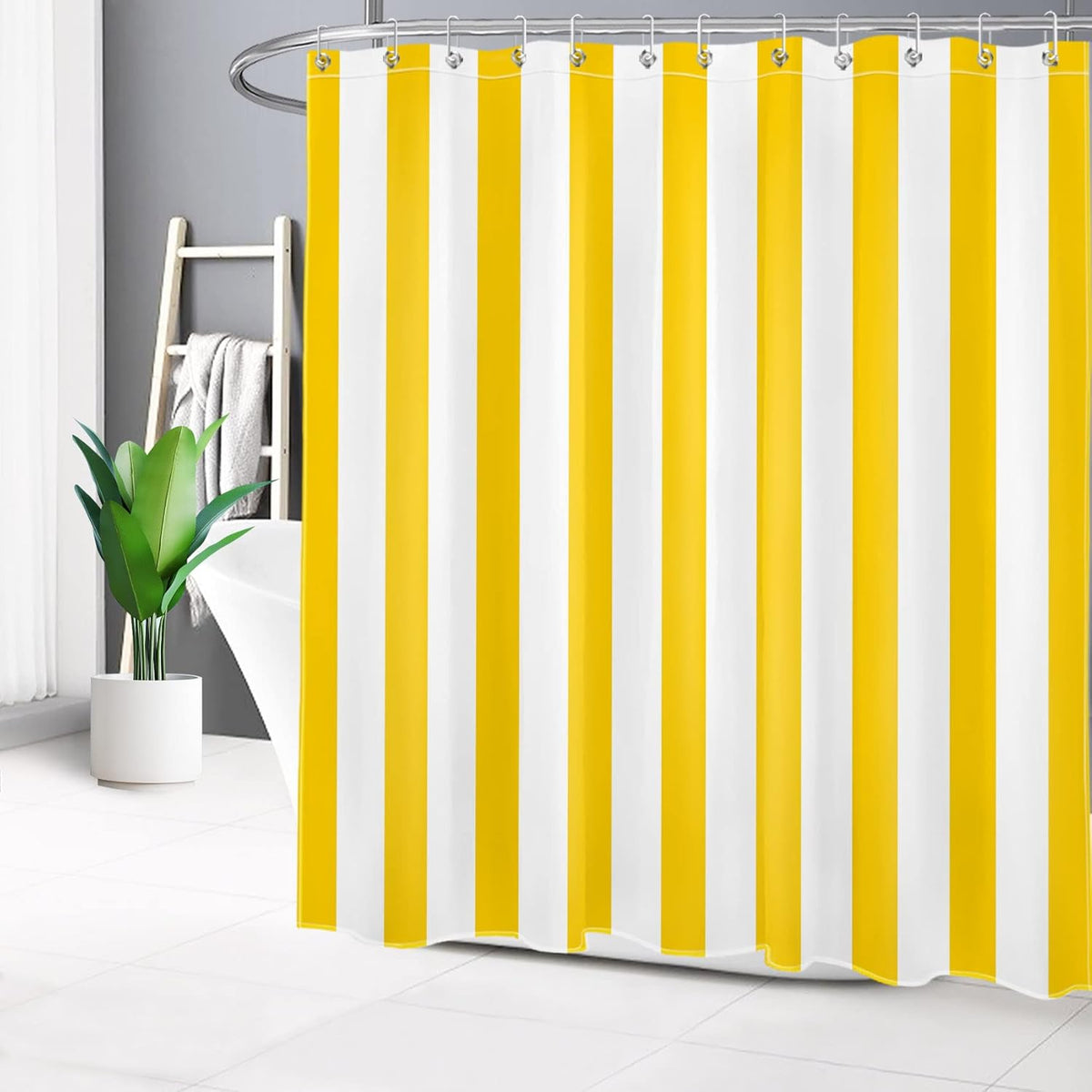 White and Yellow Striped Shower Curtain Sets with Rugs Geometric Patterns Vertical Stripe Fabric Shower Curtain with Hooks Modern Farmhouse Bathroom Curtains Shower Set, 70x70 inches