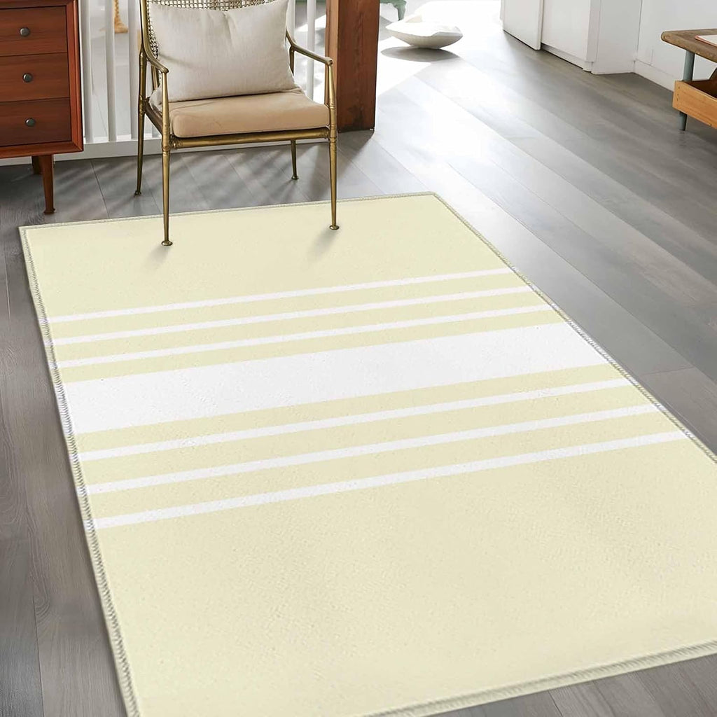 4x6 Abstract White Striped Area Rug for Bedroom Small Living Room, Washable Low Pile Non Slip Rug Modern Simple Yellow Background