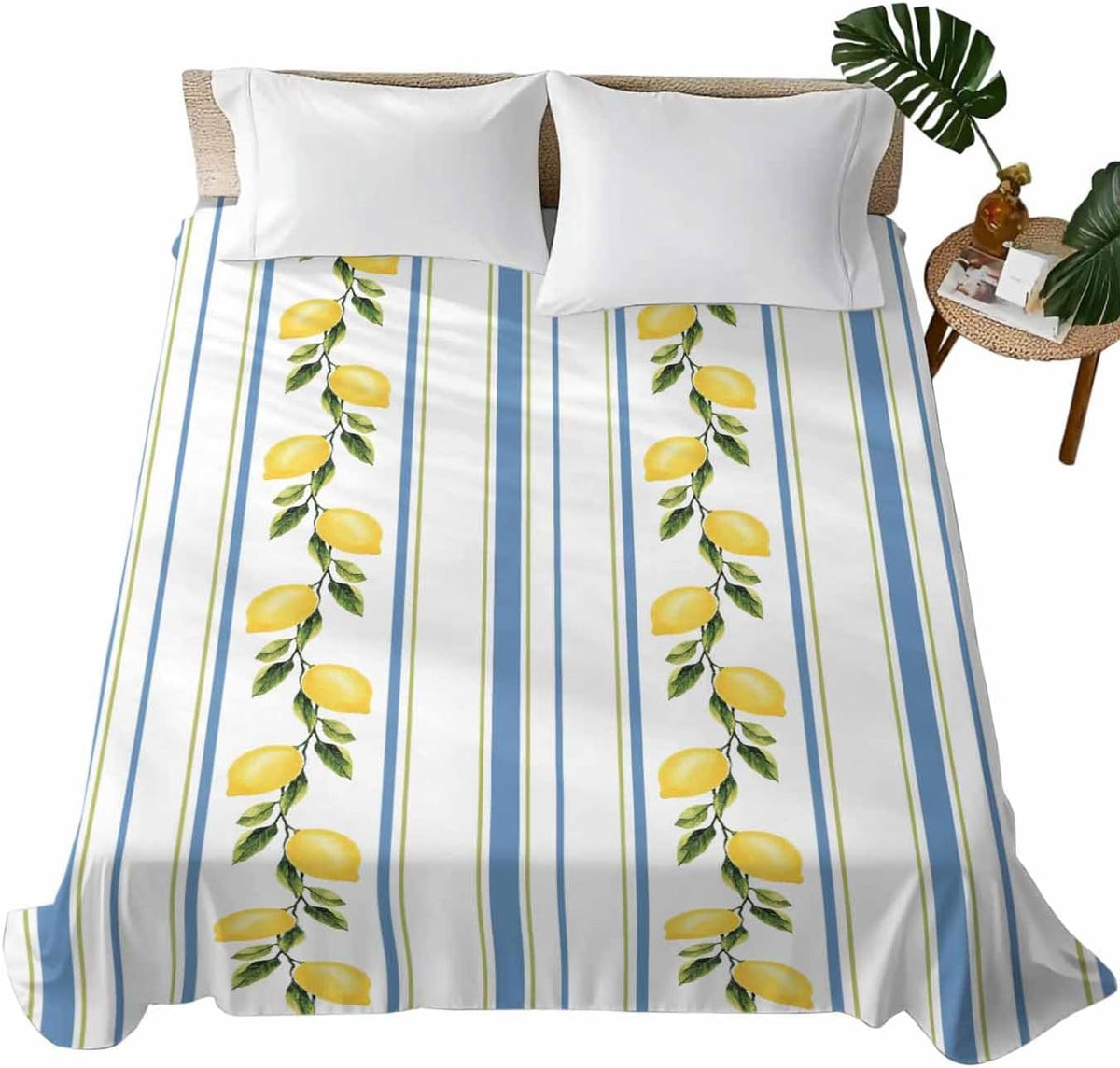 Lemon Striped Flat Bed Sheet Queen Size for Queen Mattress, Microfiber Bedding Top Sheets Deep Pocket for All Seasons, Yellow Fruit Blue White Geometric Soft & Breathable Hotel Quality