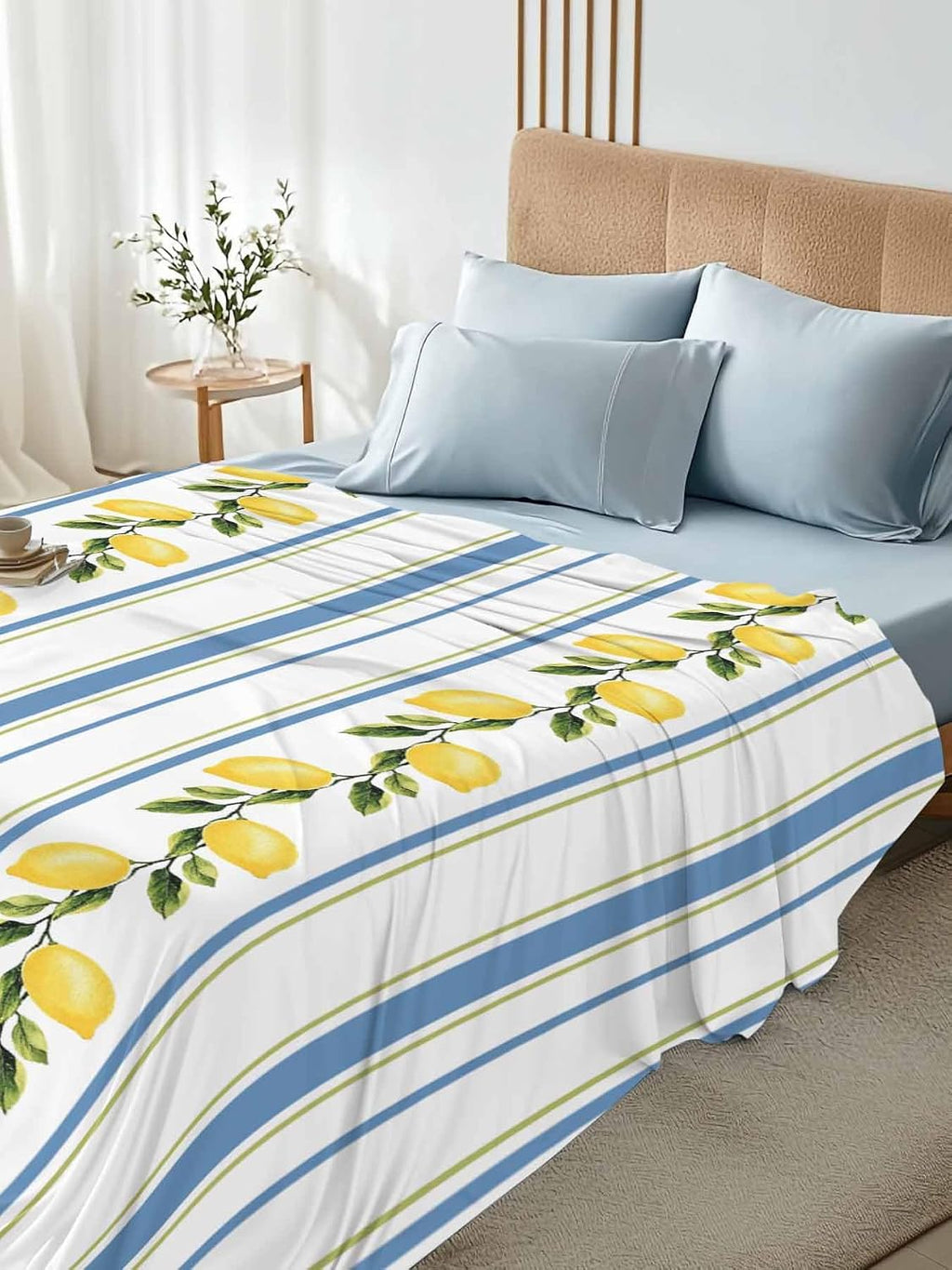 Lemon Striped Flat Bed Sheet Queen Size for Queen Mattress, Microfiber Bedding Top Sheets Deep Pocket for All Seasons, Yellow Fruit Blue White Geometric Soft & Breathable Hotel Quality