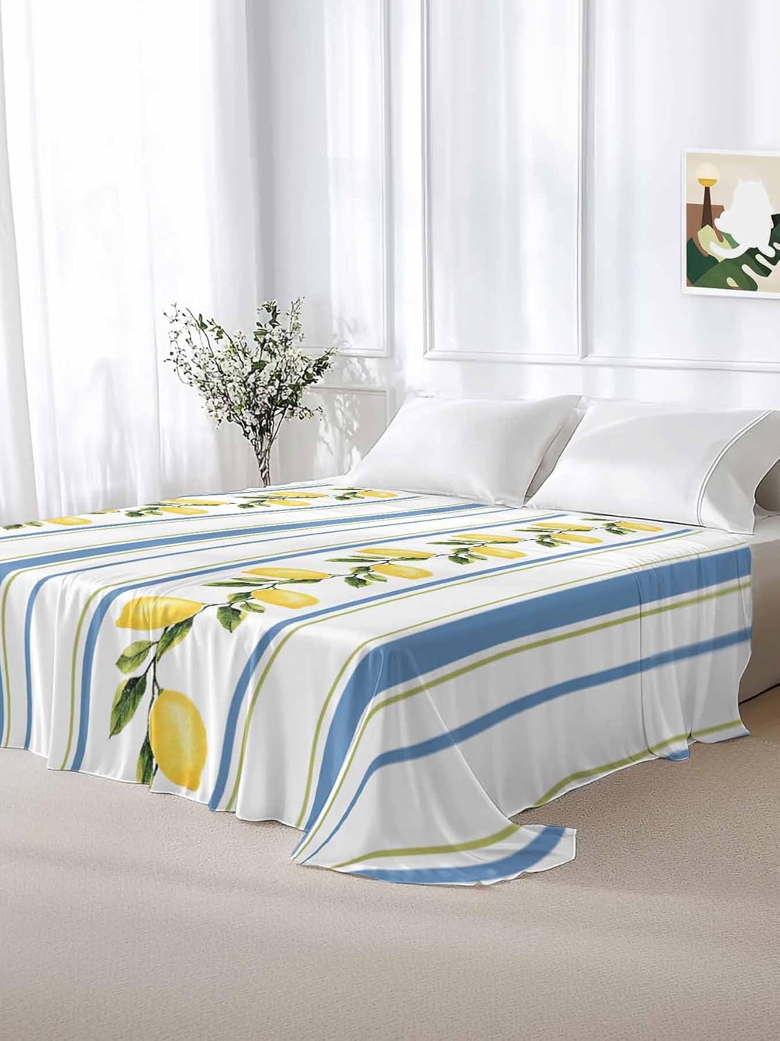 Lemon Striped Flat Bed Sheet Queen Size for Queen Mattress, Microfiber Bedding Top Sheets Deep Pocket for All Seasons, Yellow Fruit Blue White Geometric Soft & Breathable Hotel Quality