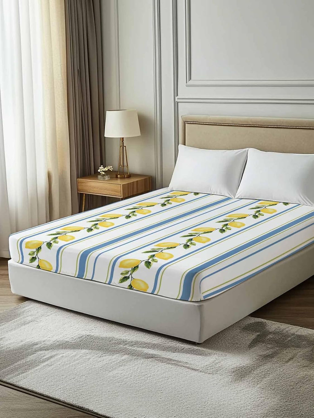 Lemon Striped Flat Bed Sheet Queen Size for Queen Mattress, Microfiber Bedding Top Sheets Deep Pocket for All Seasons, Yellow Fruit Blue White Geometric Soft & Breathable Hotel Quality