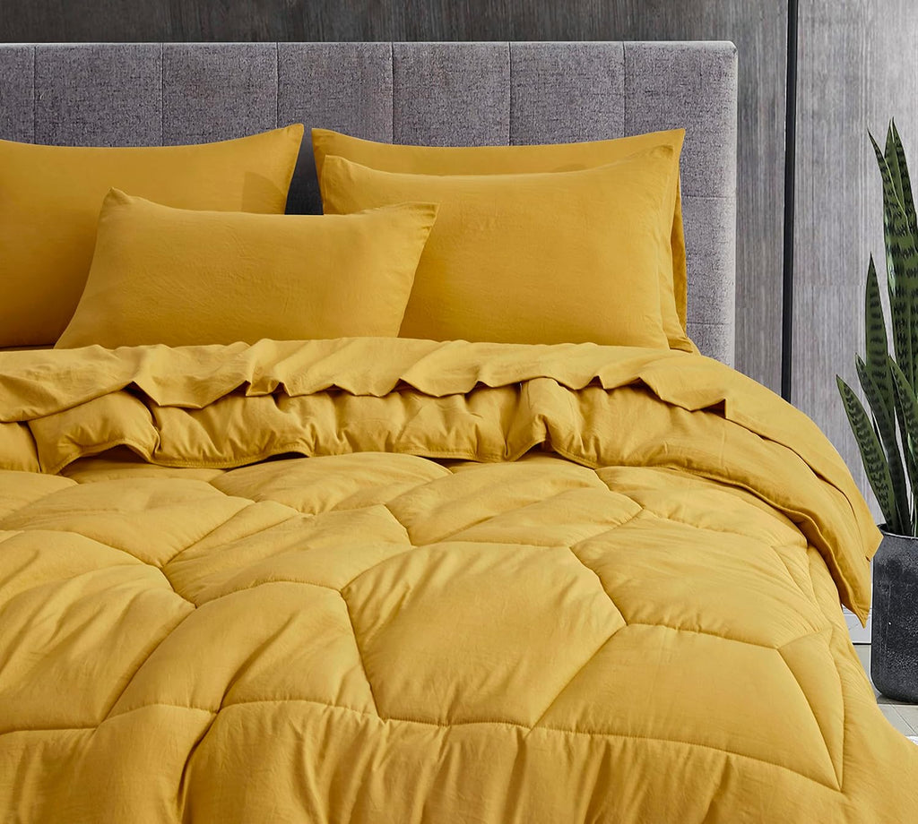 Piper Full Bed in a Bag 7-Pieces Honeycomb Hexagon Quilted Soft Washed Double Brushed Microfiber Comforter with Sheets Lightweight All Season Bedding Set (Full, Mustard Yellow)