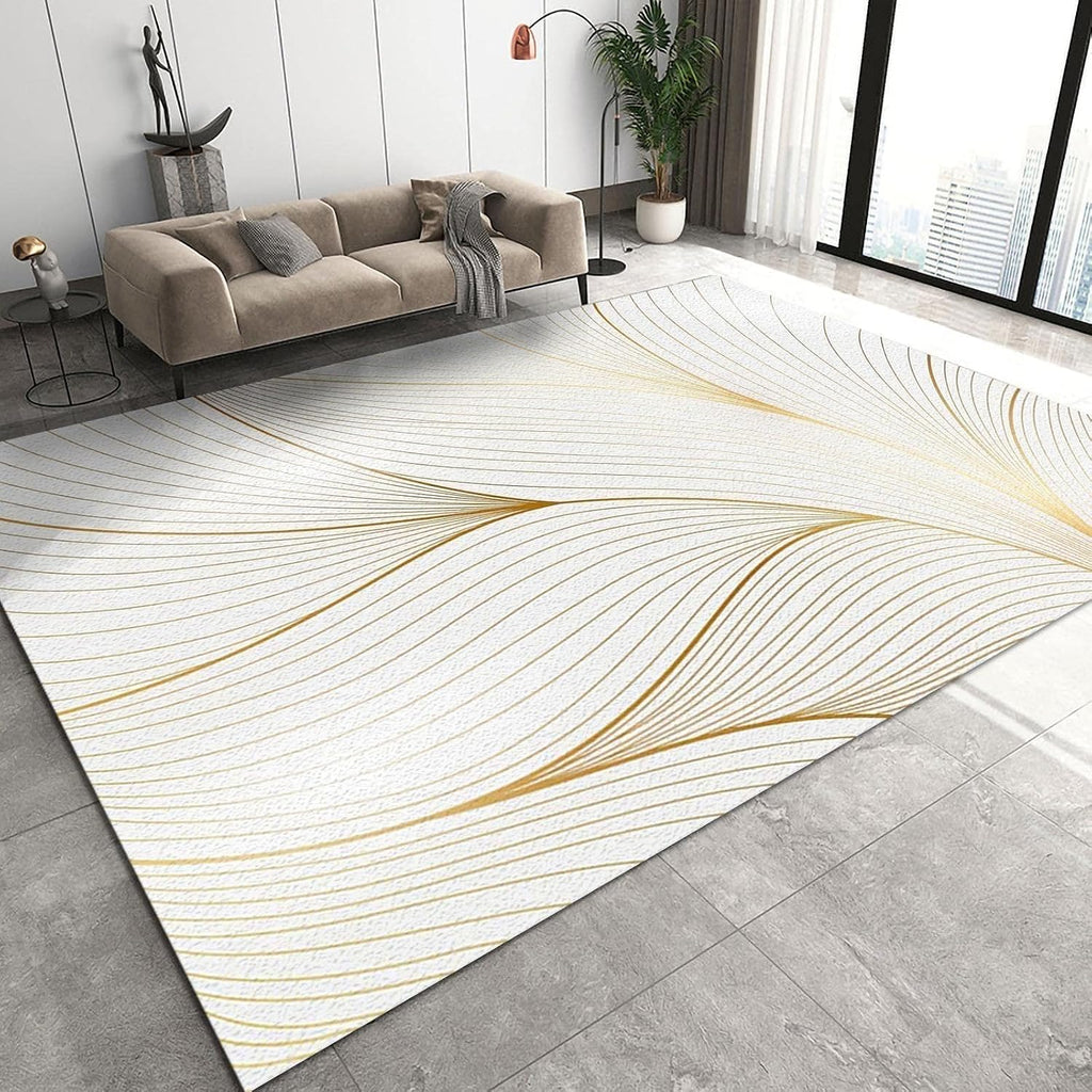 Modern Light Luxury Area Rug for Living Room, Gold Yellow Abstract Lines Design Rug, Soft Non-Slip Indoor Carpet White Washable Throw Rug for Bedroom Hallway Office 4.6x6.6ft