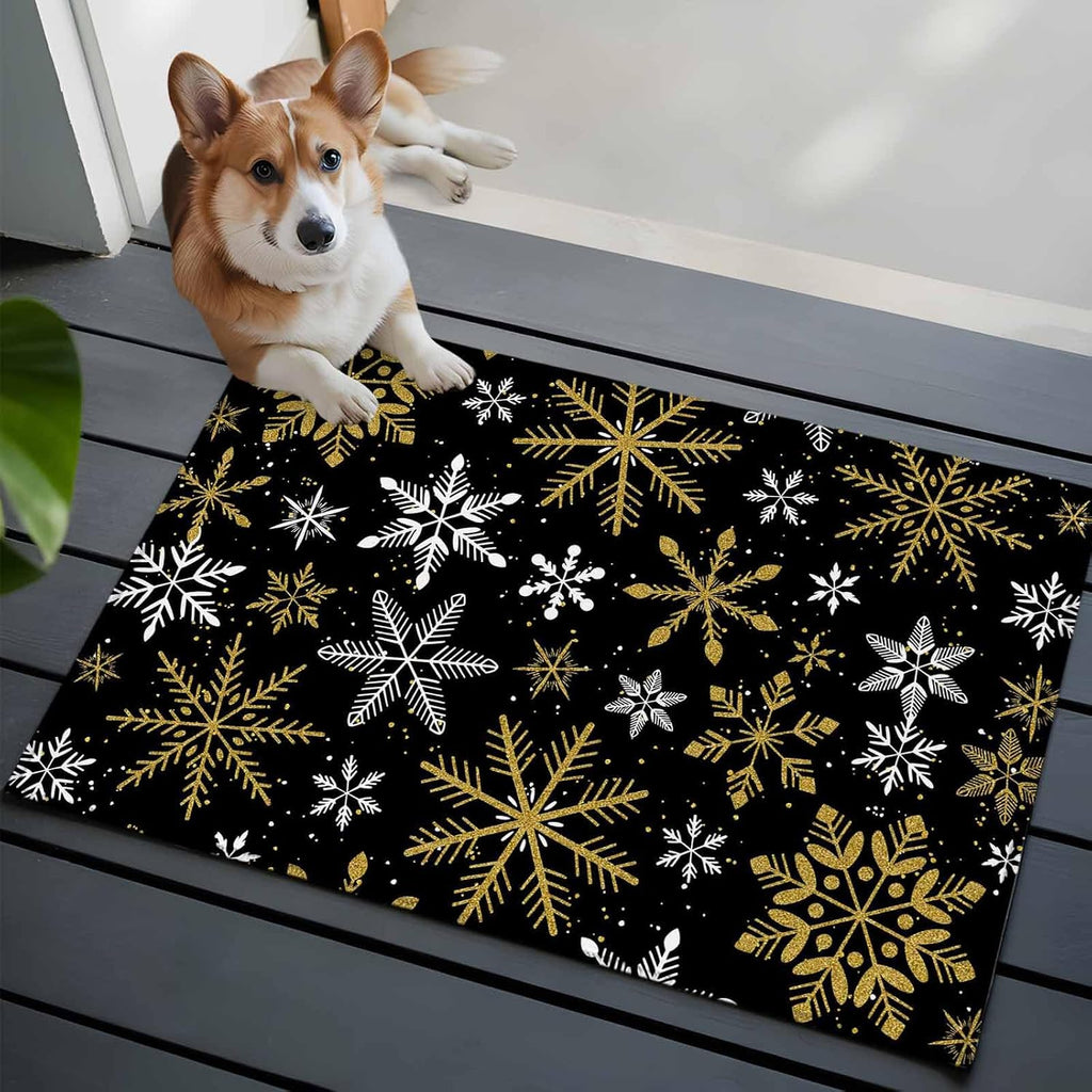 Winter Yellow Snowflake 2x3 Area Rugs for Living Room, Christmas White Snowflake Black Non Slip Floor Mat Washable Low-Profile Indoor Carpet for Bedroom, Dining Room, Bathroom
