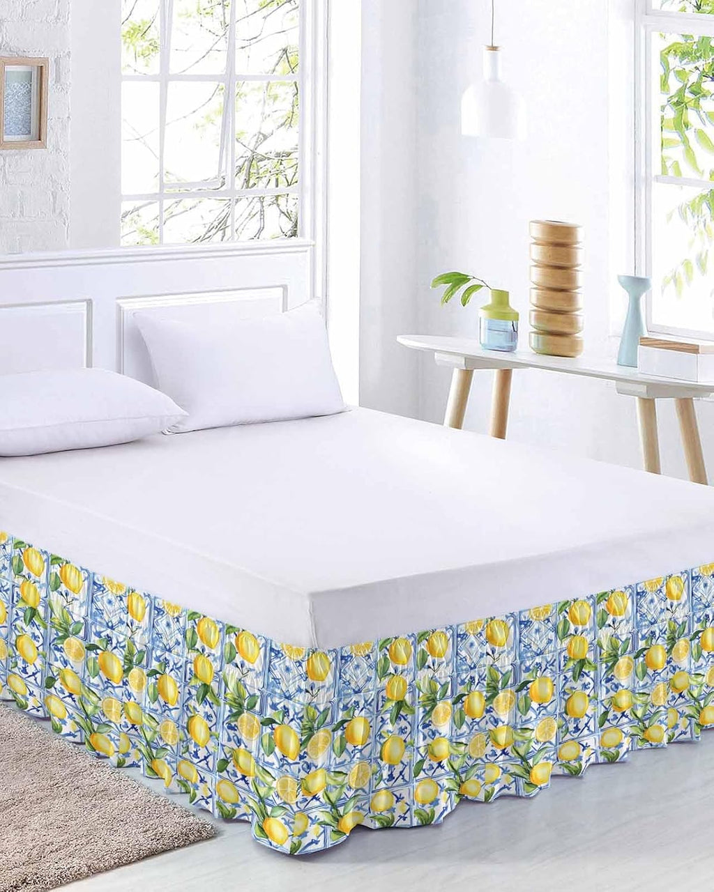 Yellow Lemon Bed Skirt Queen Size 16 Inch Drop, Adjustable Elastic Wrap Around Bed Skirts Easy Fitting Dust Ruffle Bedskirt Bed Frame Cover Botanical Spring Leaves Abstract Blue Tile