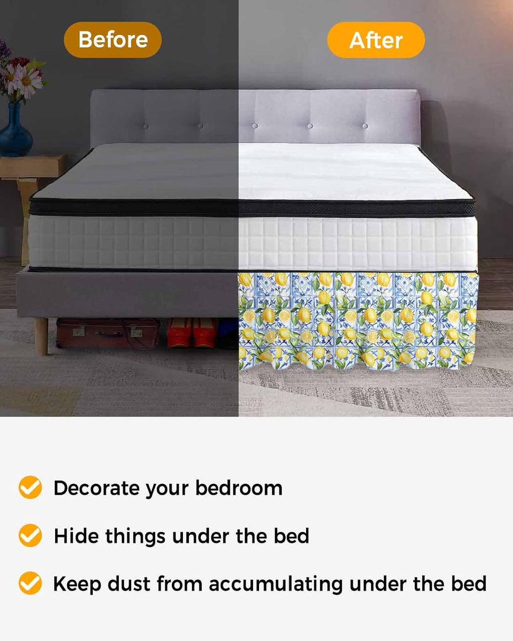 Yellow Lemon Bed Skirt Queen Size 16 Inch Drop, Adjustable Elastic Wrap Around Bed Skirts Easy Fitting Dust Ruffle Bedskirt Bed Frame Cover Botanical Spring Leaves Abstract Blue Tile
