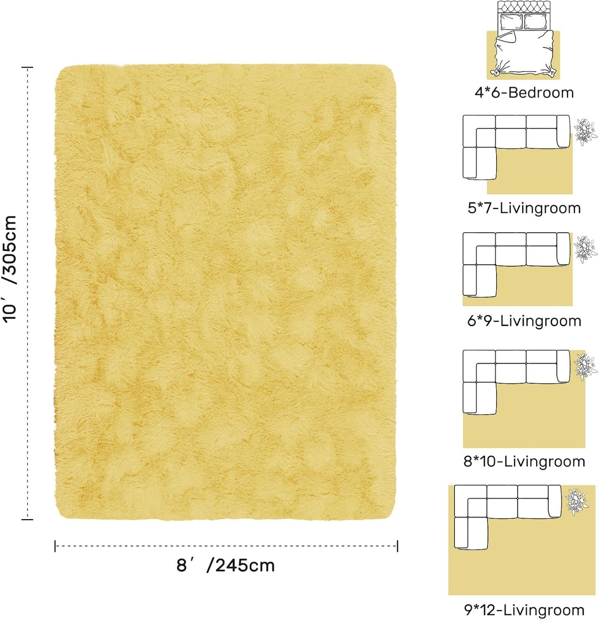 8x10 Area Rugs for Living Room Shag Fluffy Rug Bedroom Plush Carpet Non Slip for Nursery Kids PlayRoom Home Decor Aesthetic,Light Yellow