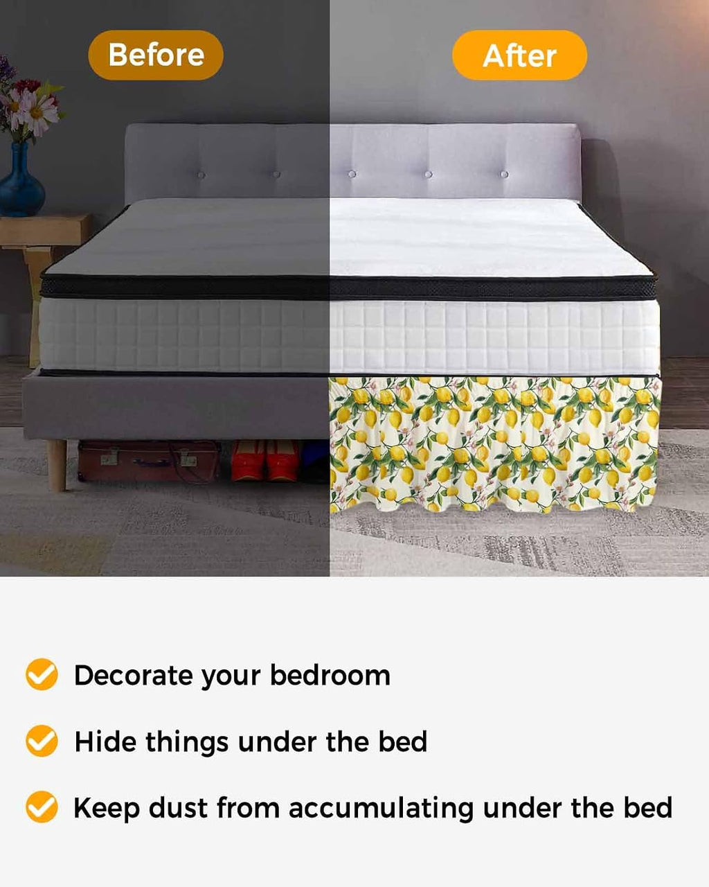 Lemons Bed Skirt Queen Size 16 Inch Drop, Adjustable Elastic Wrap Around Bed Skirts Easy Fitting Dust Ruffle Bedskirt Bed Frame Cover Summer Botanical Yellow Fruit Leaves Flowers