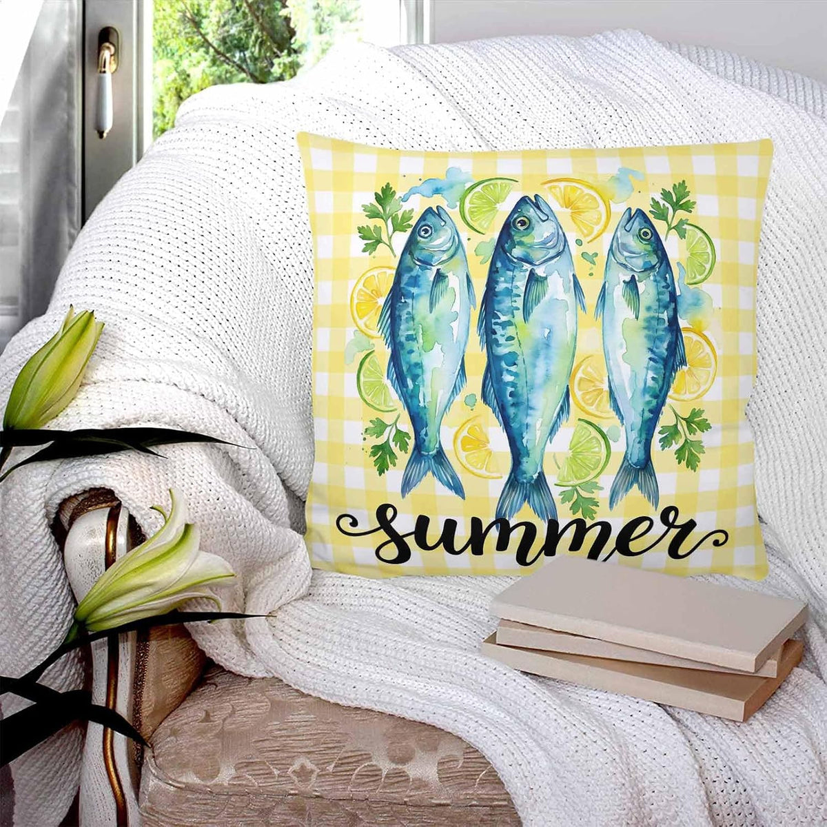 Summer Fish 2PCS Throw Pillow Covers for Couch Sofa Bed, Farmhouse Yellow Lemon Stripes Pillow Covers 18x18 inch, Standard Pillowcases Set Decorative Cushion Covers for Living Room Bedroom
