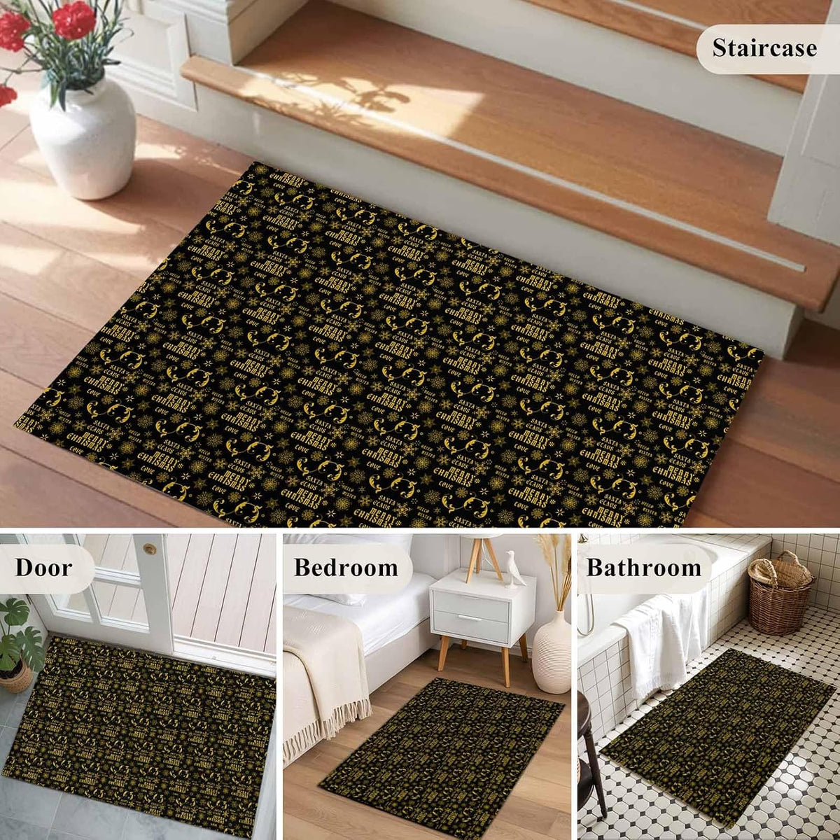 Christmas Winter 2x3 Area Rugs for Living Room, Snowflake Xmas Flower Yellow Black Non Slip Floor Mat Washable Low-Profile Indoor Carpet for Bedroom, Dining Room, Bathroom