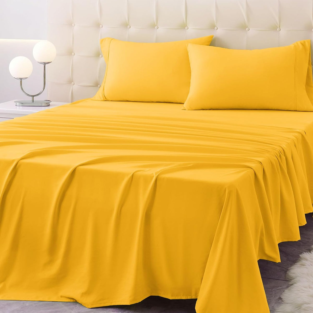 King Size Bed Sheet Set - 4 Piece Soft Microfiber Sheets with Deep Pockets, Cooling Technology, and Wrinkle-Free Pillowcase. Hotel-Quality, Durable Bedding, Spectra Yellow