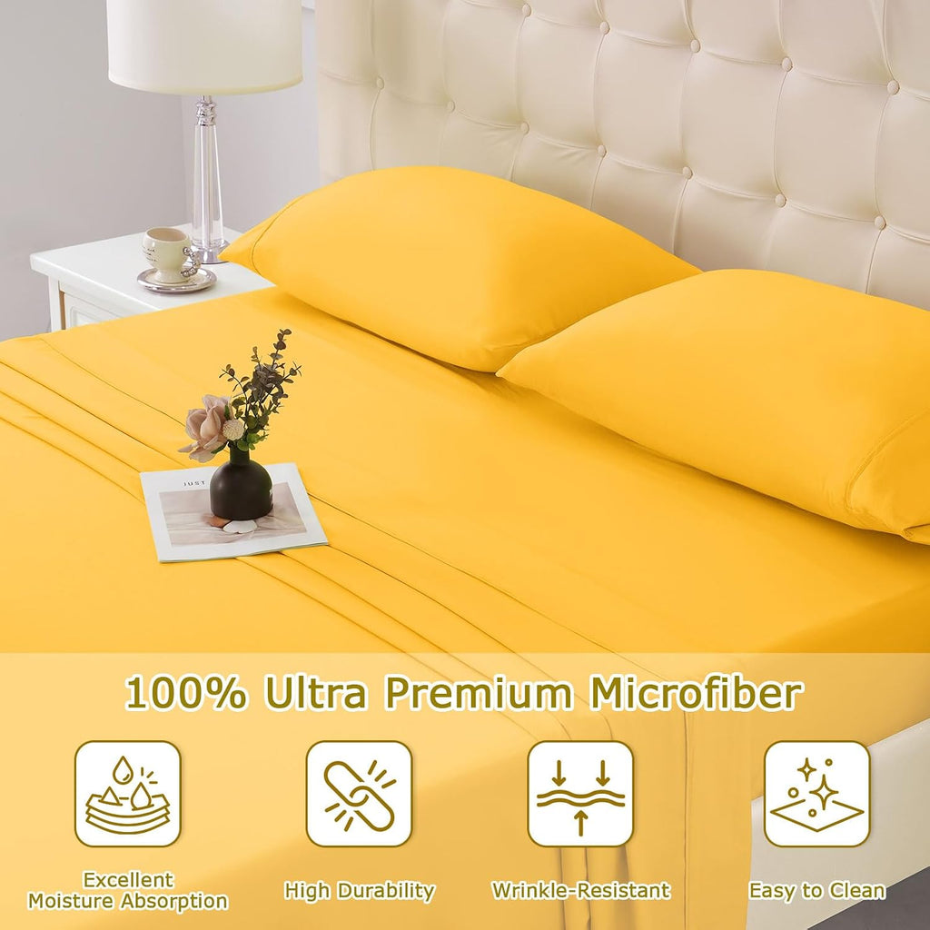 King Size Bed Sheet Set - 4 Piece Soft Microfiber Sheets with Deep Pockets, Cooling Technology, and Wrinkle-Free Pillowcase. Hotel-Quality, Durable Bedding, Spectra Yellow