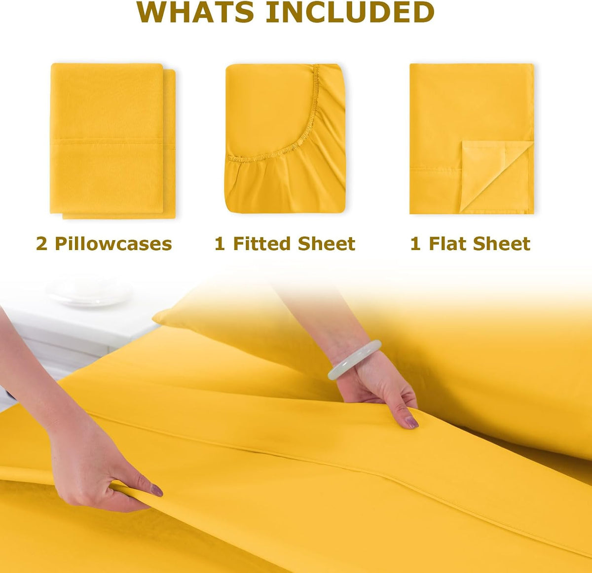 King Size Bed Sheet Set - 4 Piece Soft Microfiber Sheets with Deep Pockets, Cooling Technology, and Wrinkle-Free Pillowcase. Hotel-Quality, Durable Bedding, Spectra Yellow