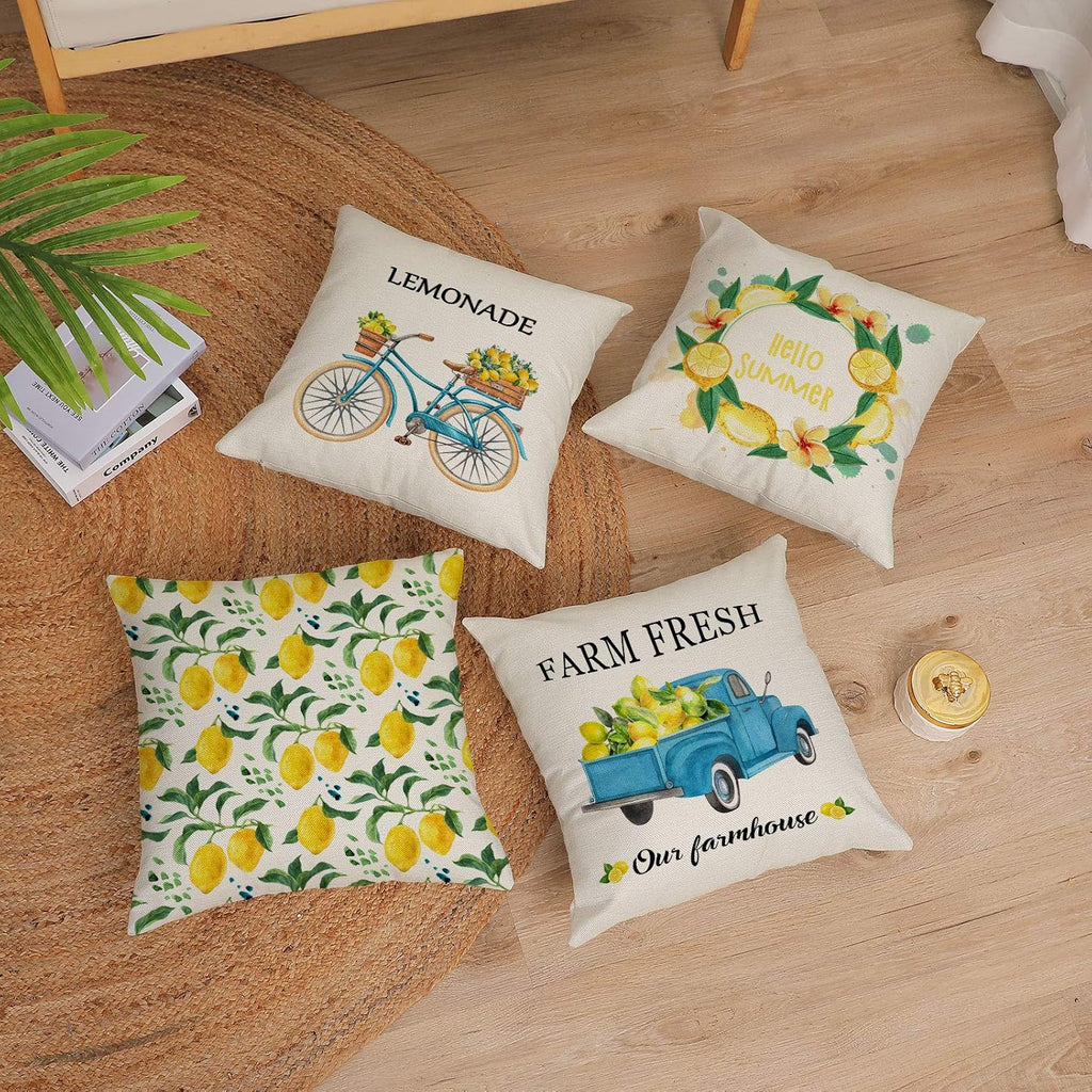 Set Of 4 Summer Throw Pillow Covers 16 By 16 Inch Yellow Fruit Farmhouse Decorative Lemon Truck Bicycle Pillowcase Square Cotton Linen Cushion Covers For Summer Home Decor