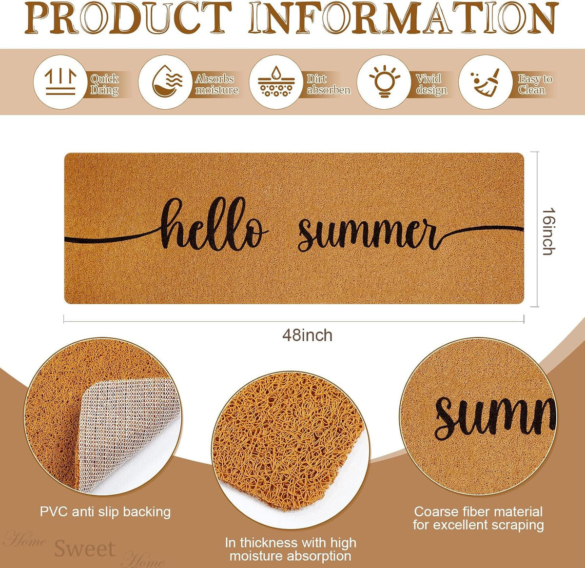 48''x16'' Long Doormat for Entrance Entry,Hello Summer,Yellow