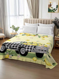 Queen Size Top Sheet Only, Pastoral Plaid Truck Lemon Fruit Flat Sheet Microfiber Breathable Soft Bed Sheets, Farm Floral Leaves on Yellow Hotel Bedding Flat Sheets for Bedroom