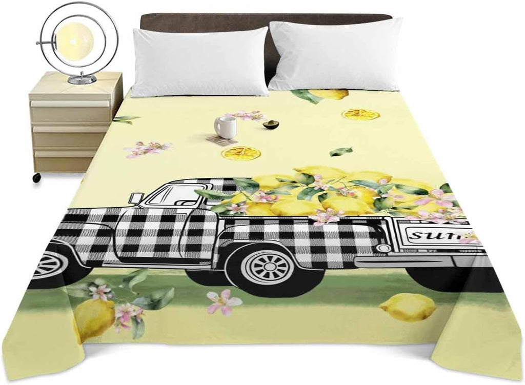 Queen Size Top Sheet Only, Pastoral Plaid Truck Lemon Fruit Flat Sheet Microfiber Breathable Soft Bed Sheets, Farm Floral Leaves on Yellow Hotel Bedding Flat Sheets for Bedroom