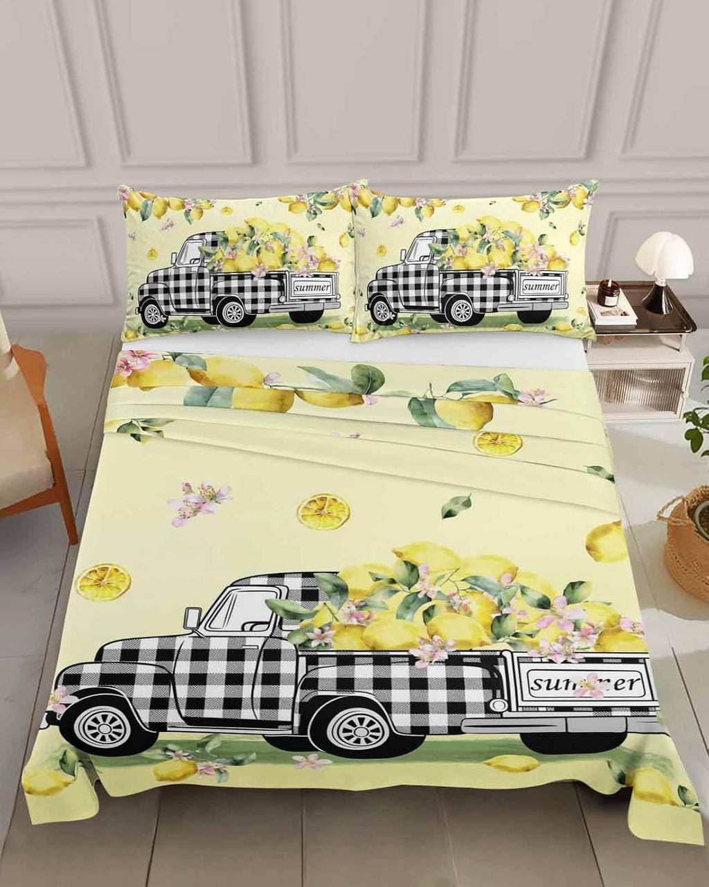 Queen Size Top Sheet Only, Pastoral Plaid Truck Lemon Fruit Flat Sheet Microfiber Breathable Soft Bed Sheets, Farm Floral Leaves on Yellow Hotel Bedding Flat Sheets for Bedroom