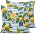 Pastoral Lemon 2PCS Throw Pillow Covers for Couch Sofa Bed, Yellow Blue Flowers Stripes Pillow Covers 16x16 inch, Standard Pillowcases Set Decorative Cushion Covers for Living Room Bedroom