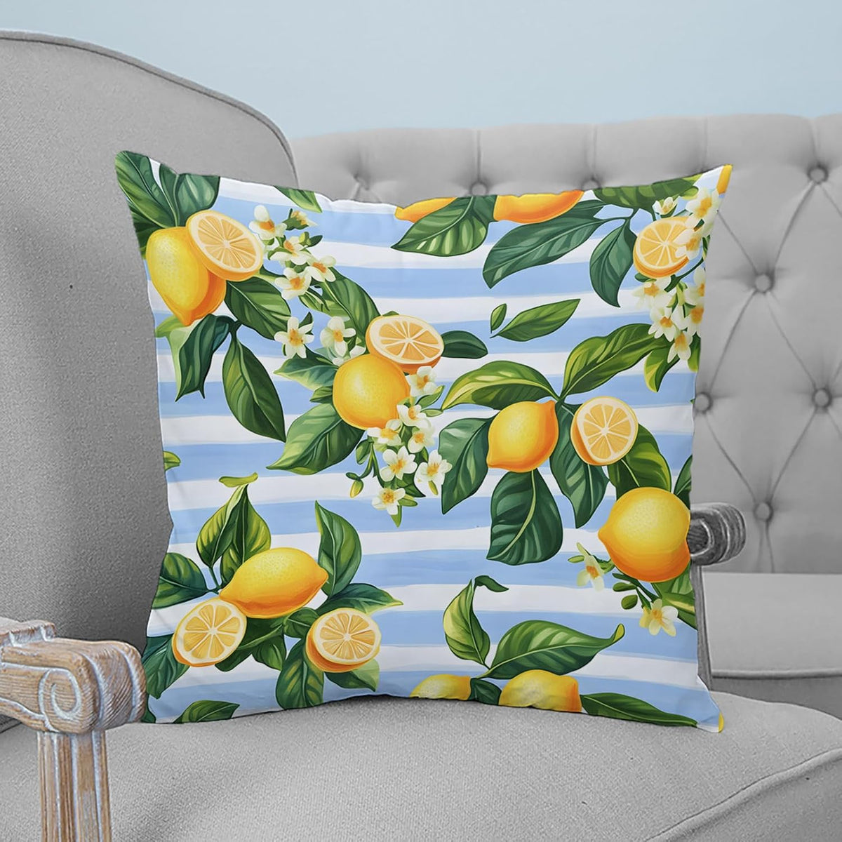 Pastoral Lemon 2PCS Throw Pillow Covers for Couch Sofa Bed, Yellow Blue Flowers Stripes Pillow Covers 16x16 inch, Standard Pillowcases Set Decorative Cushion Covers for Living Room Bedroom
