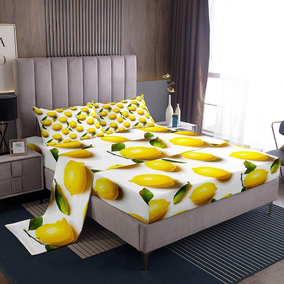 Sunny Lemon Print Bed Sheets Set Full Size Green Leaf Plant
