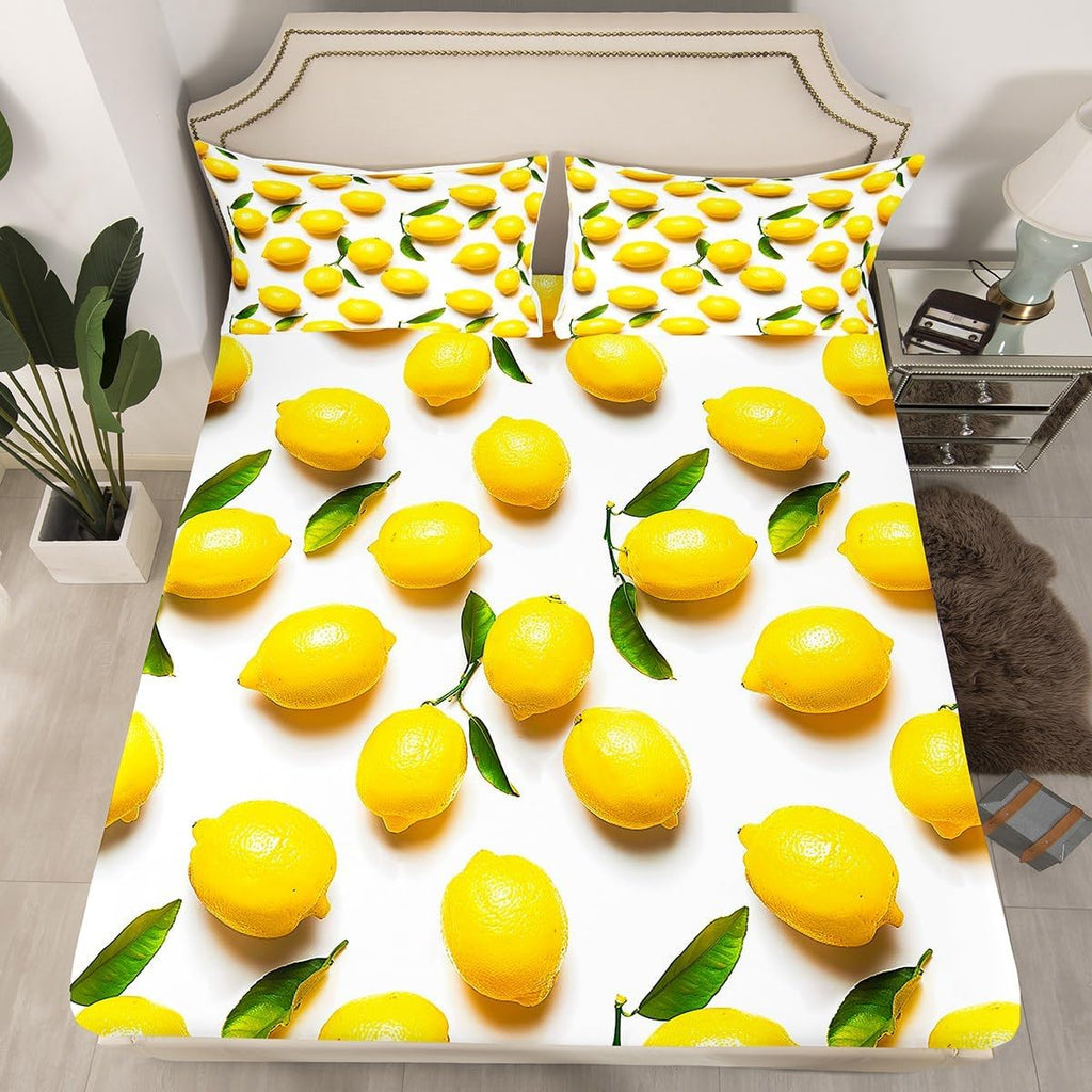 Sunny Lemon Print Bed Sheets Set Full Size Green Leaf Plant
