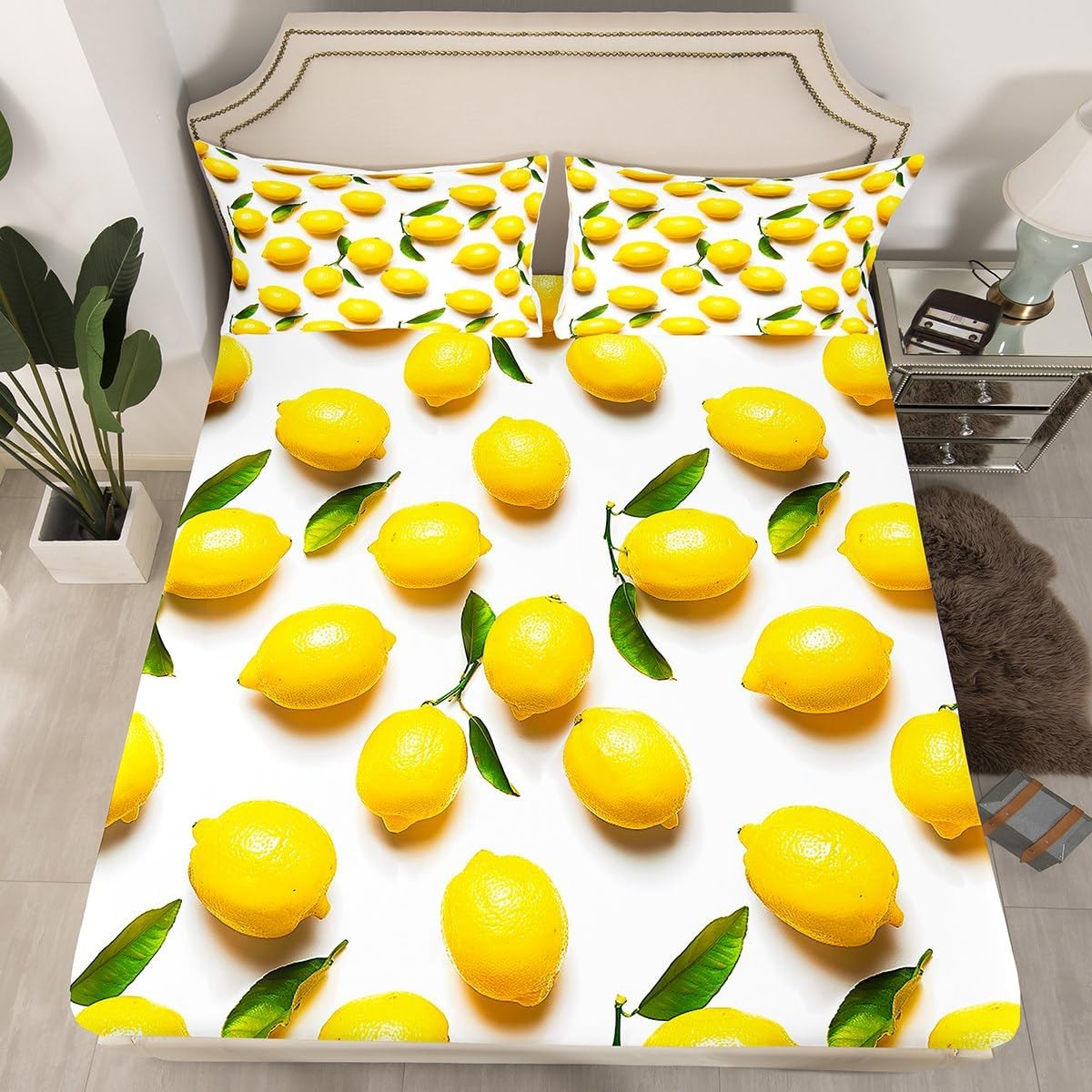 Sunny Lemon Print Bed Sheets Set Full Size Green Leaf Plant