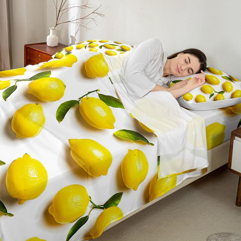 Sunny Lemon Print Bed Sheets Set Full Size Green Leaf Plant